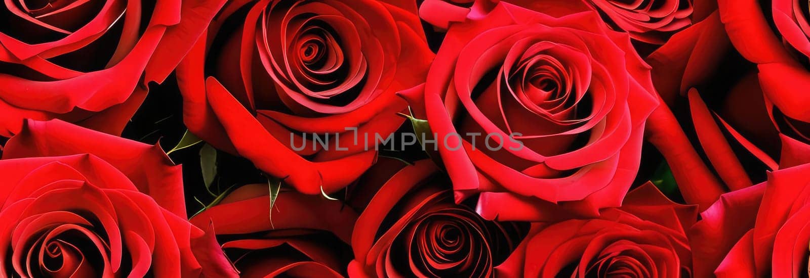 Beautiful banner with red roses background of Mothers, Valentine Day, Birthday, Anniversary, Wedding. Copy space. For advertisement, greeting card mockup, presentation, header, poster, website print