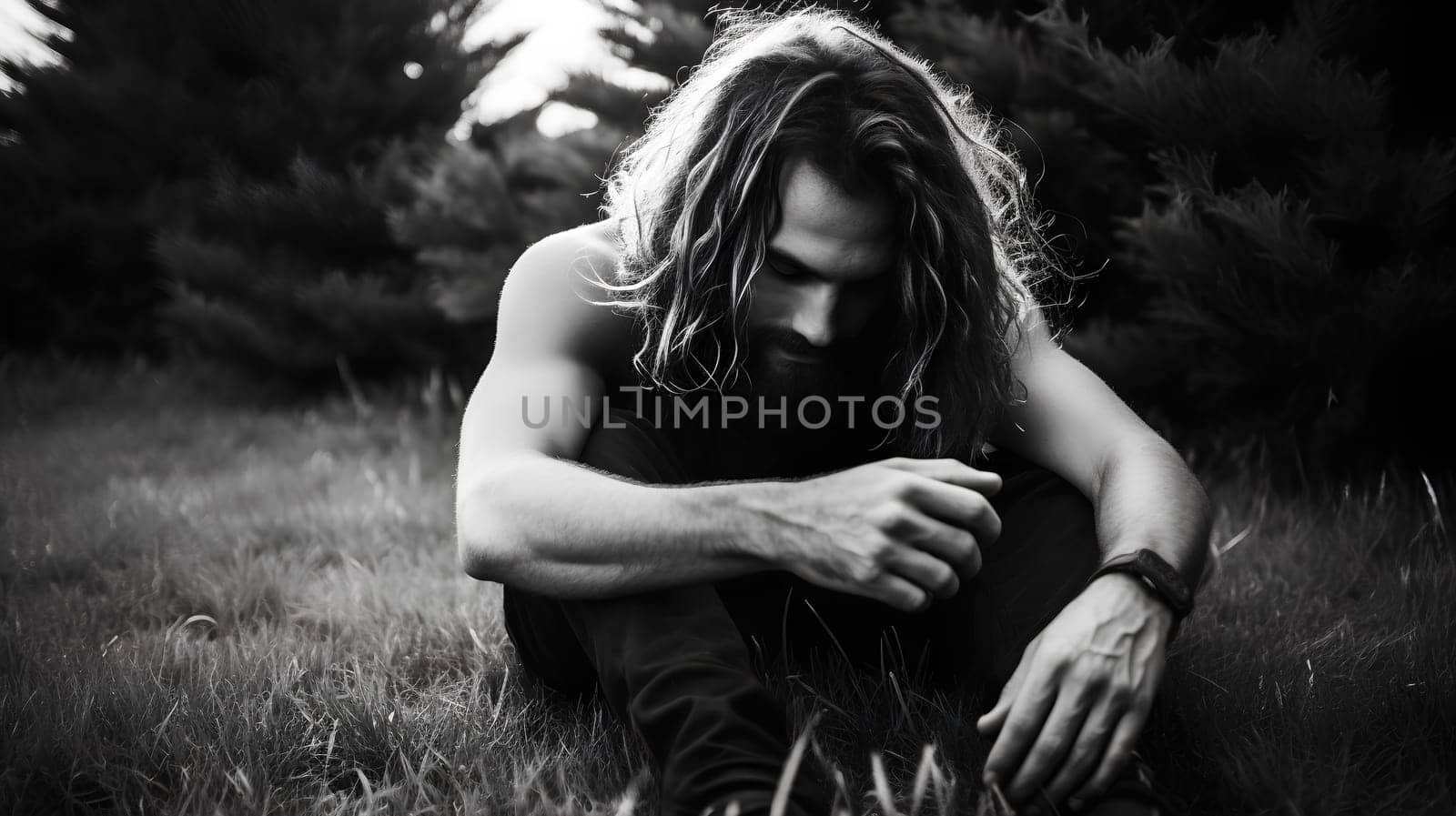 young sportive male with long hair sitting in grass, monochrome - generative AI