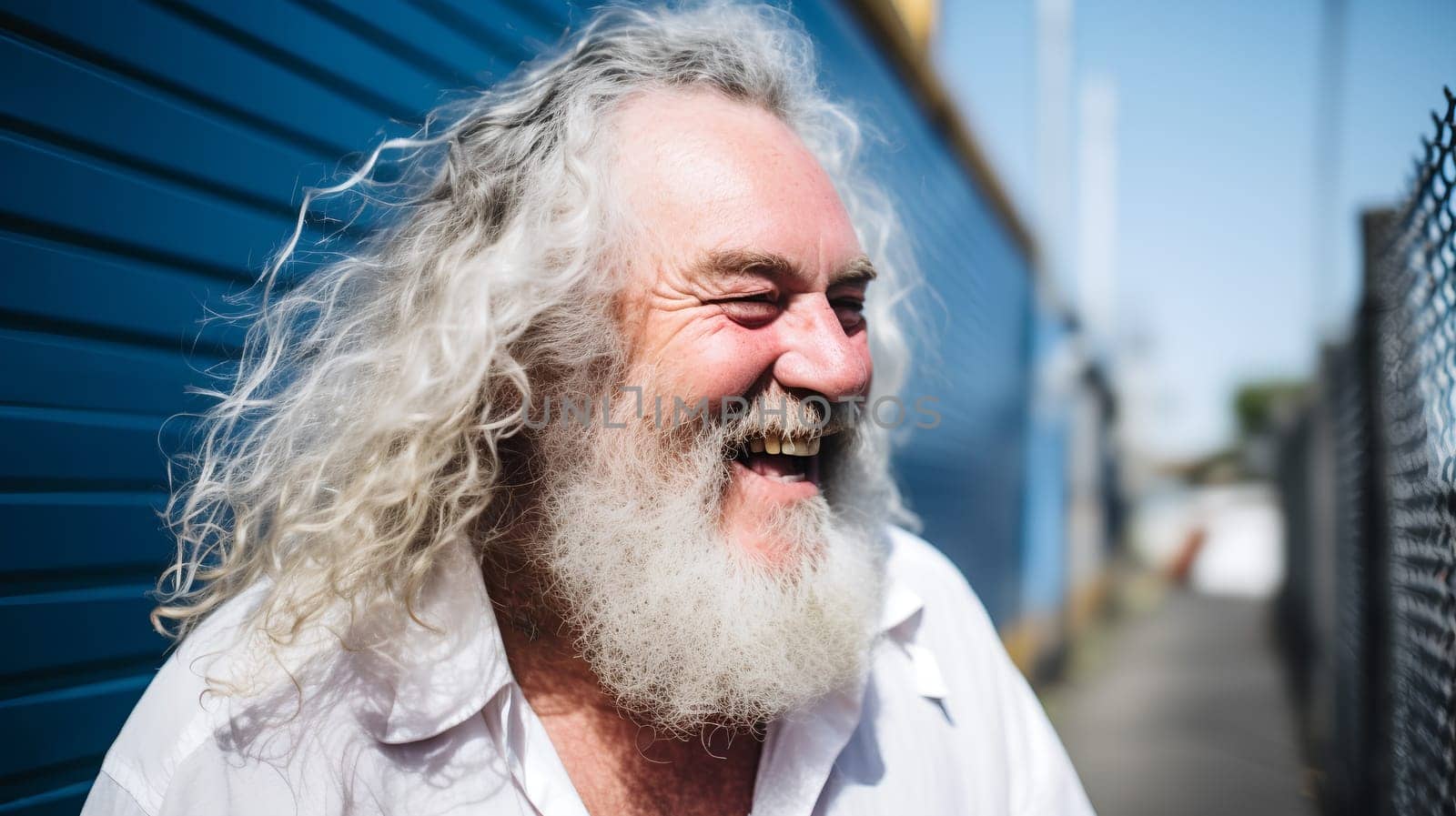 A rugged, eccentric caucasian man with a long white beard and hair is laughing and stands proudly on the street - generative AI