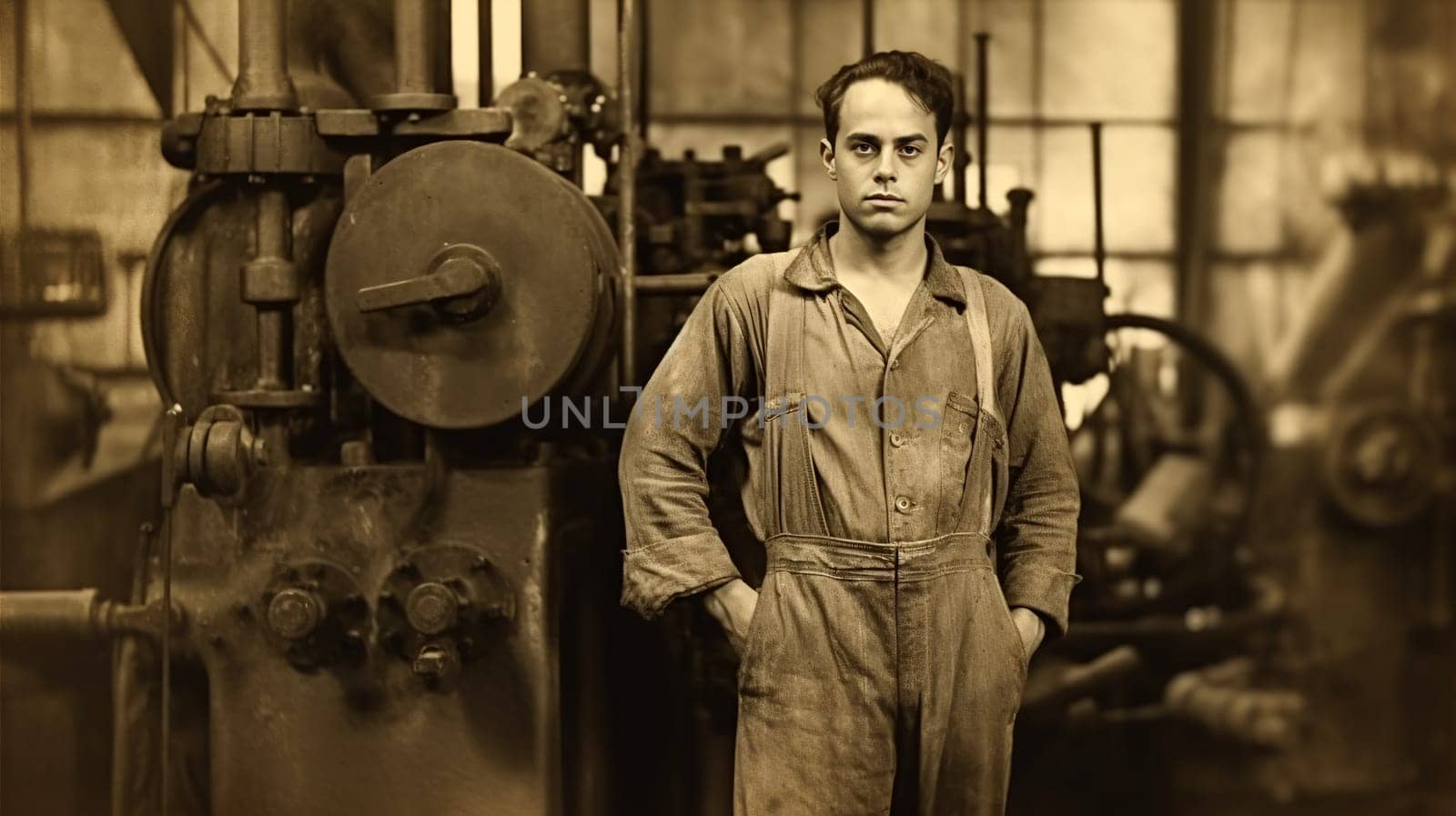 Vintage image of a young man in overalls standing in front of a machine - Generative AI