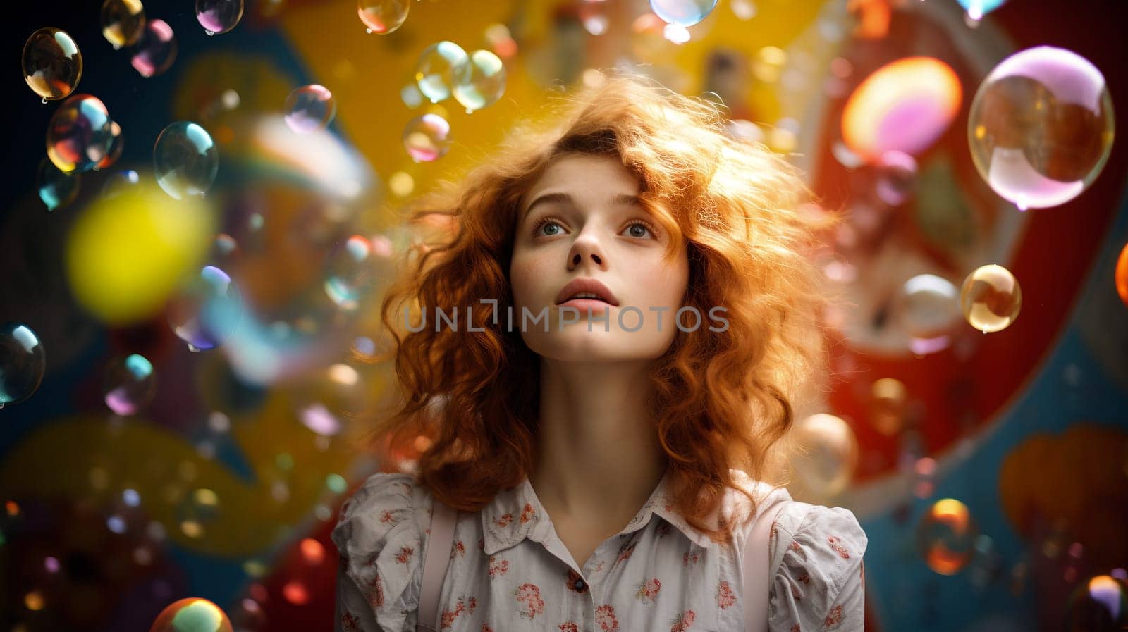 Young woman with curly red hair surrounded by colorful bubbles - Generative AI