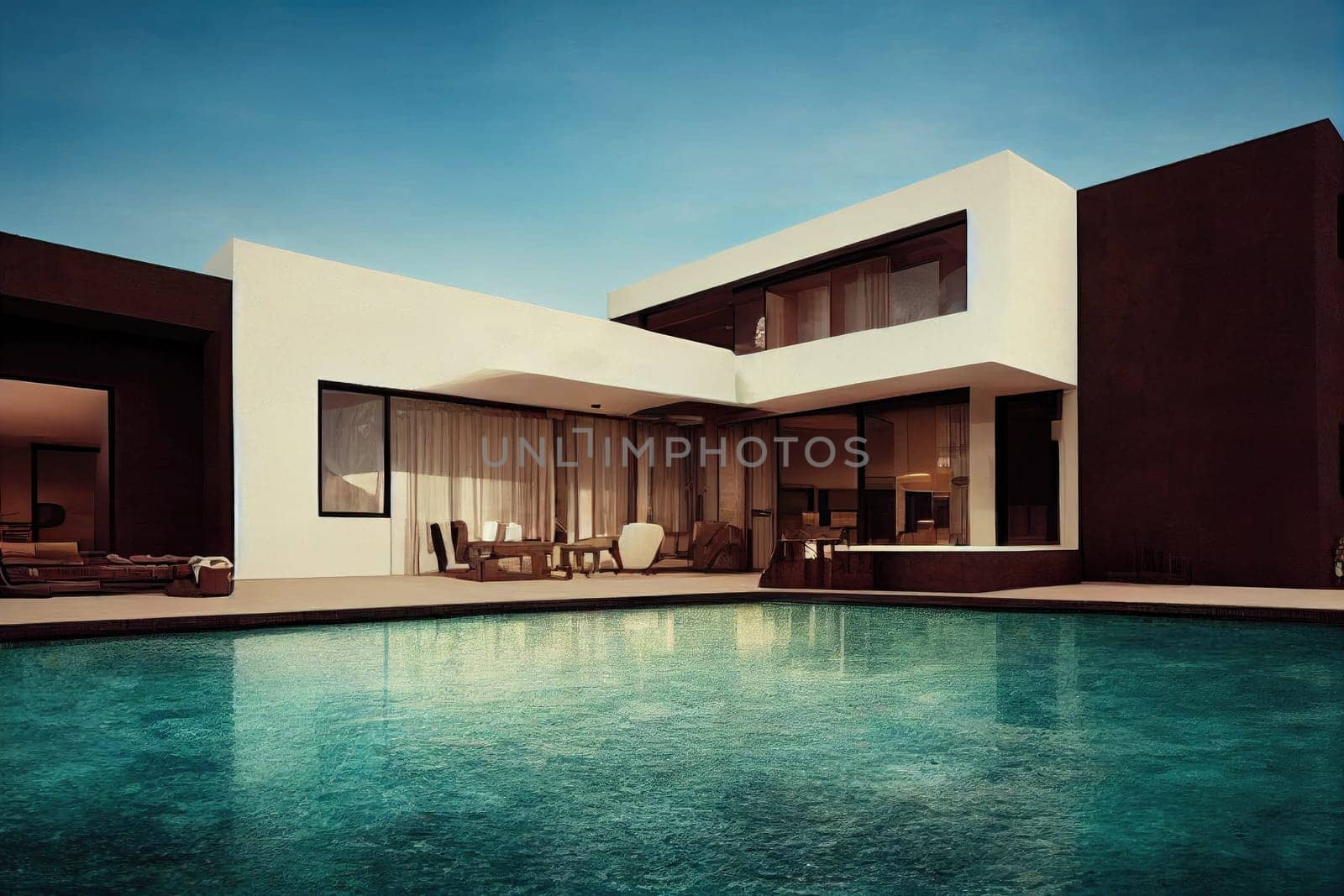 Luxury pool villa spectacular contemporary design digital art real estate , home, house and property, Generative AI illustration.