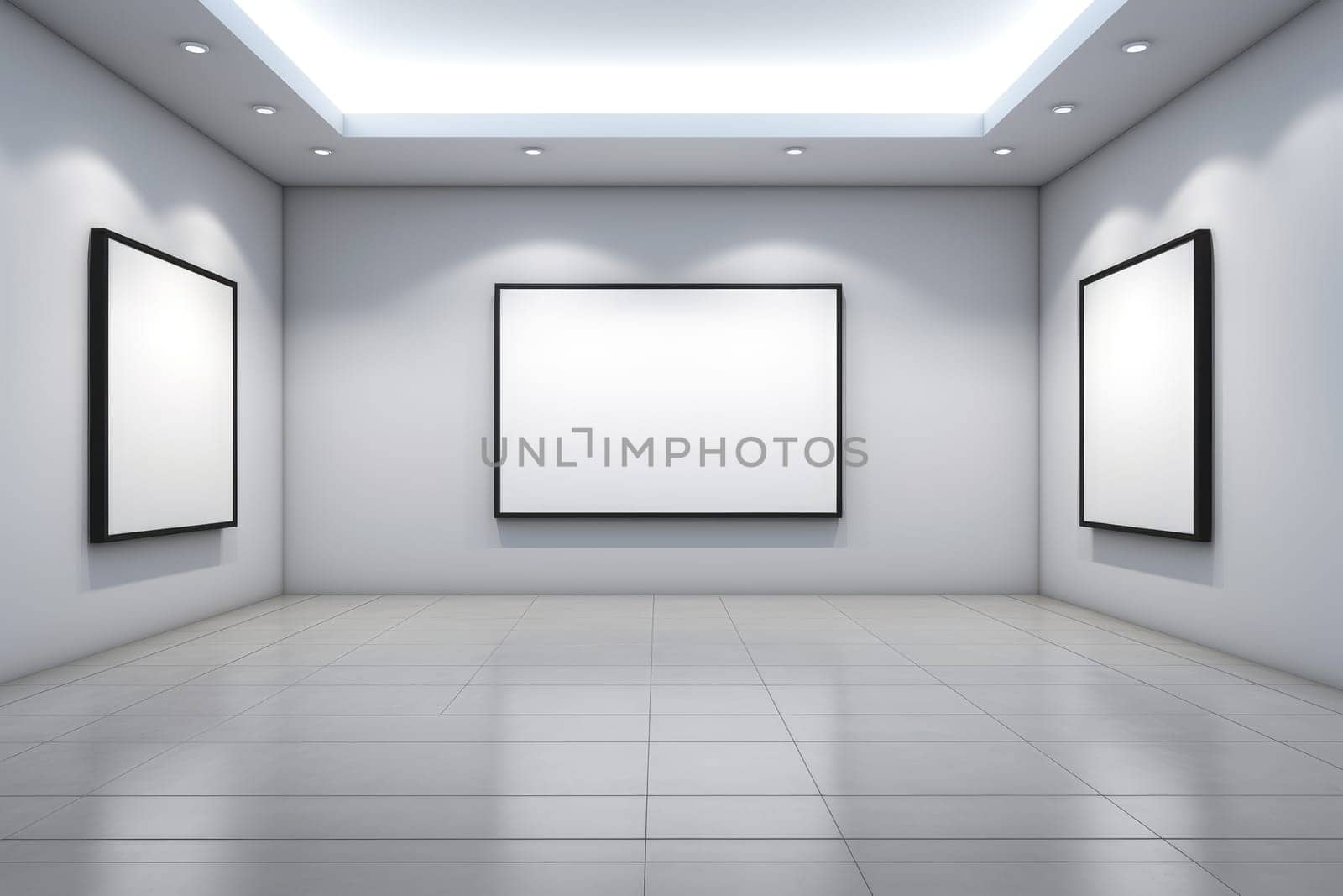 Modern art gallery interior, clean white space with empty picture frames, AI generative.