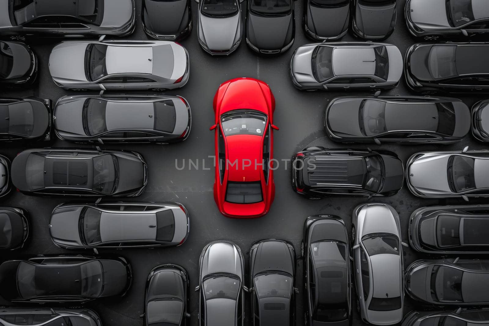 a red car among grey cars .marketing concept. AI generative by matamnad