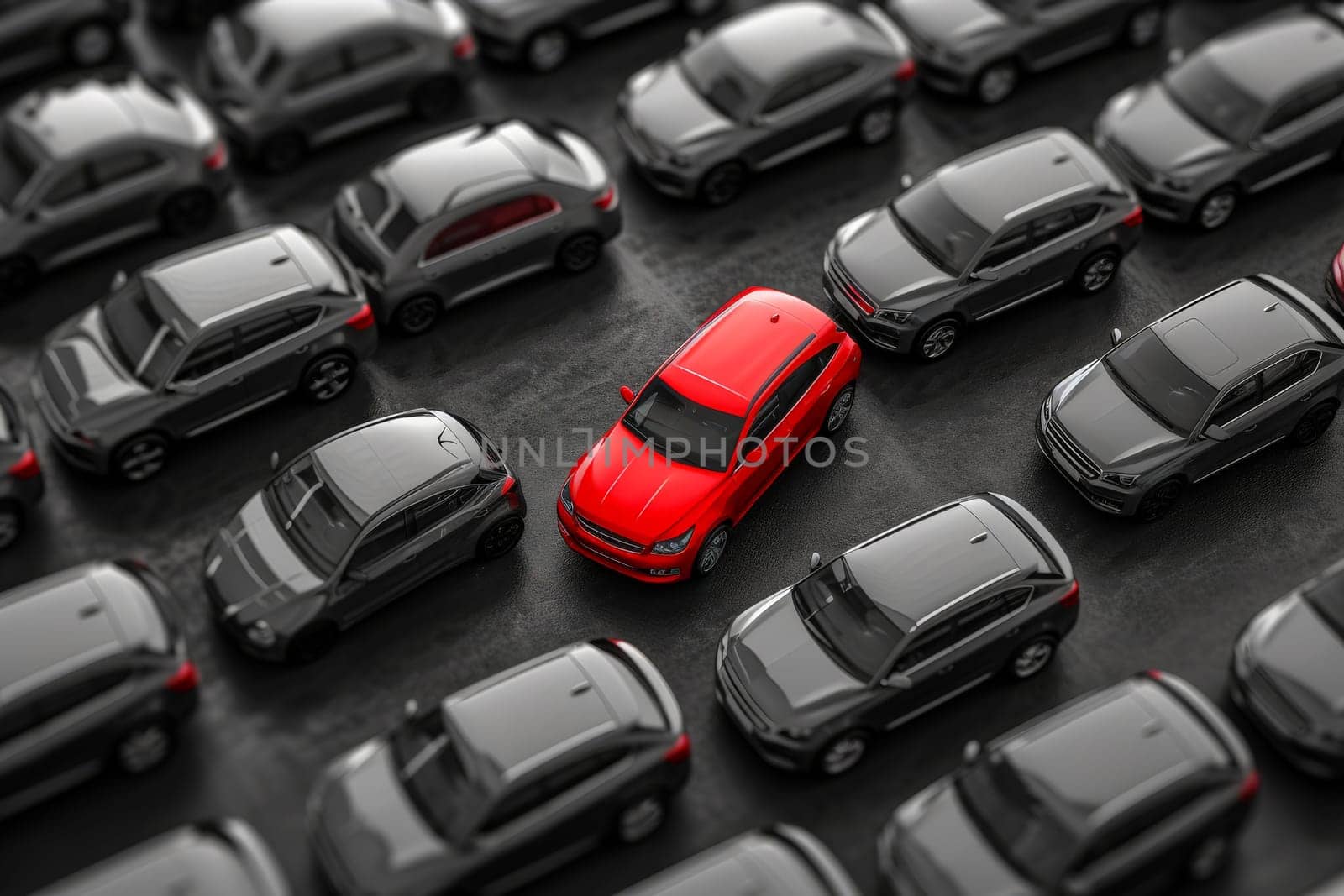 a red car among grey cars .marketing concept. AI generative by matamnad