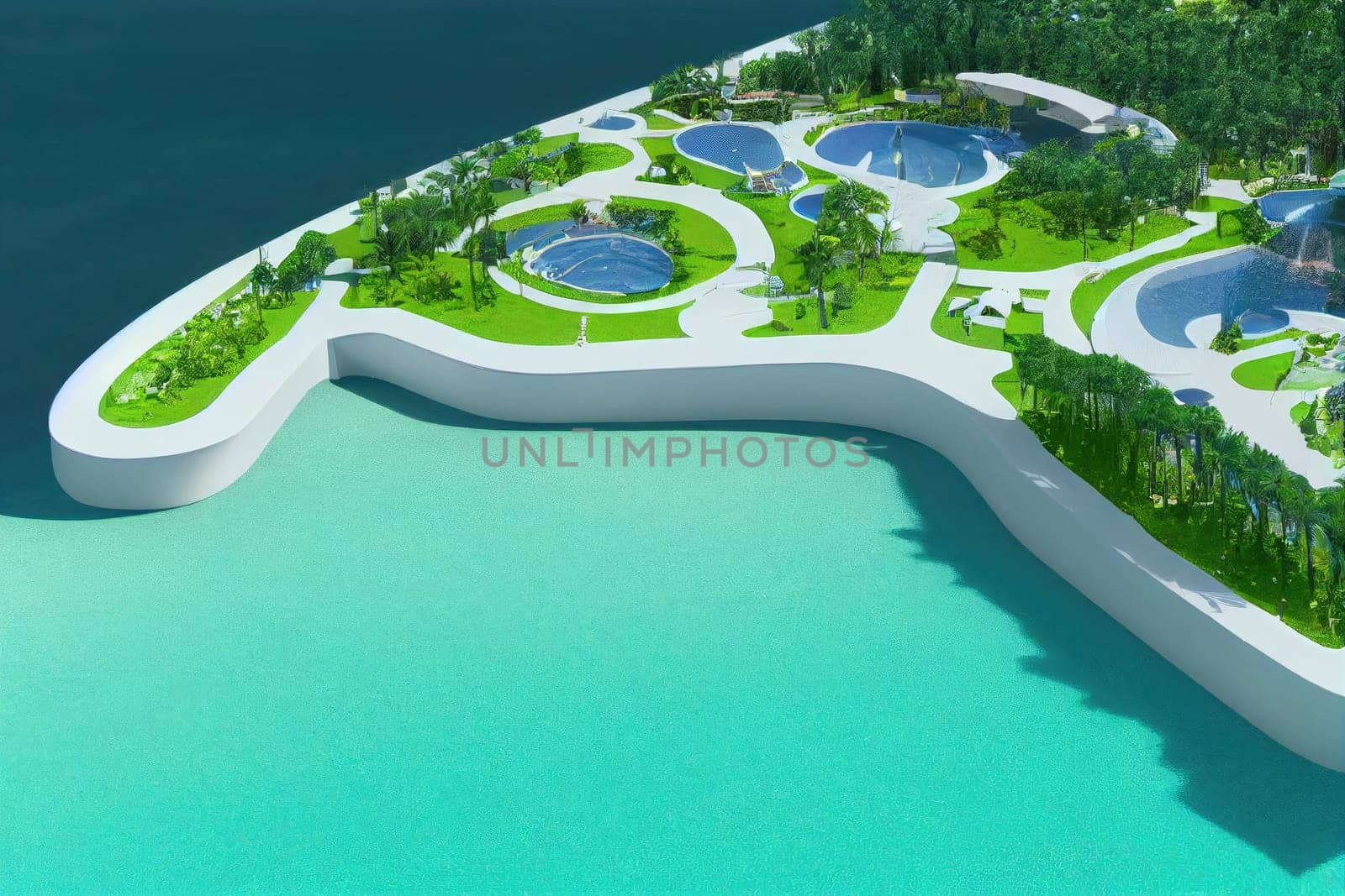 Beautiful tropical beach front hotel resort with swimming pool, paradise destination for vacations. Generative AI illustration