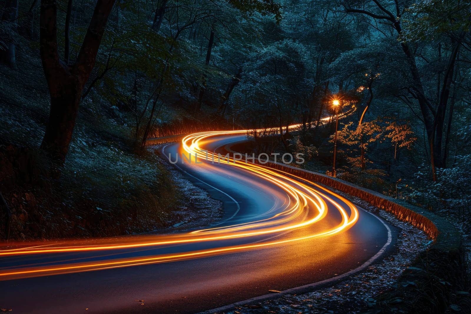 Colorful light trails car with motion effect. Illustration of high speed light effect on forest background. generative AI. by matamnad
