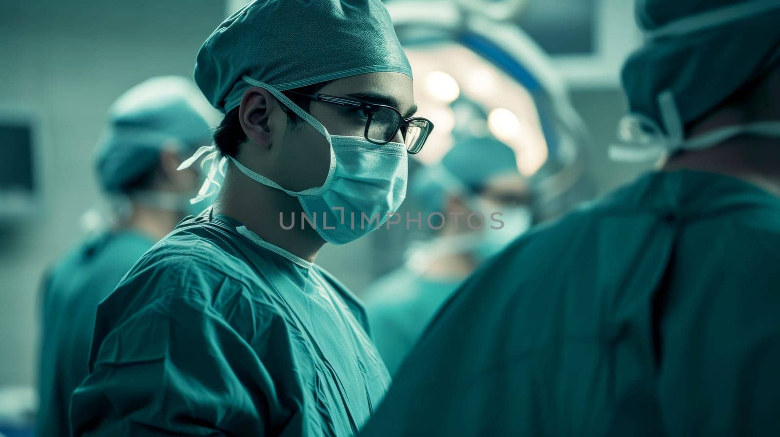 Photo of a male doctor performing surgery in an operating room. Generative AI.