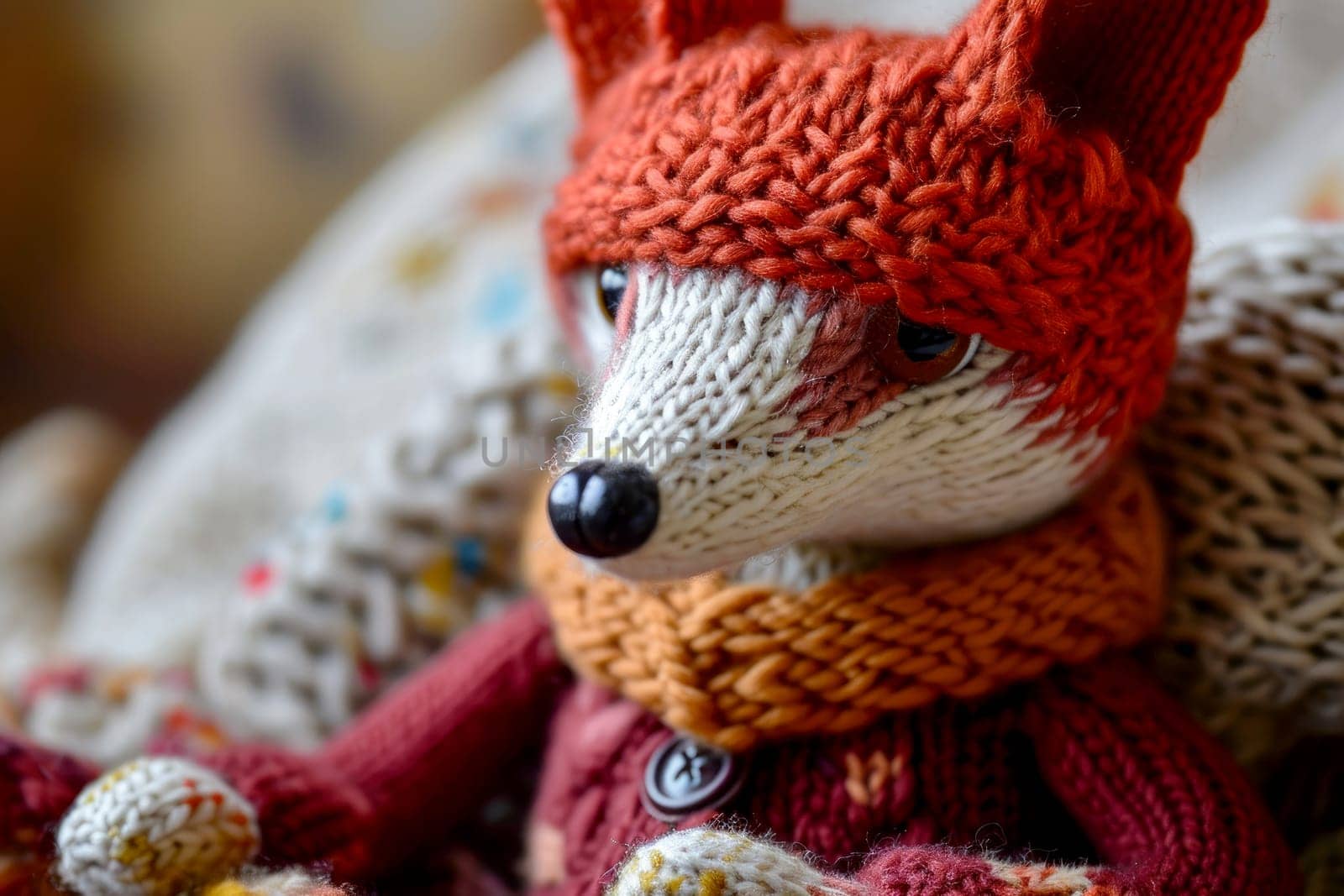 A handmade knitted fox and knitting needles. The concept of manual labor. AI generated..
