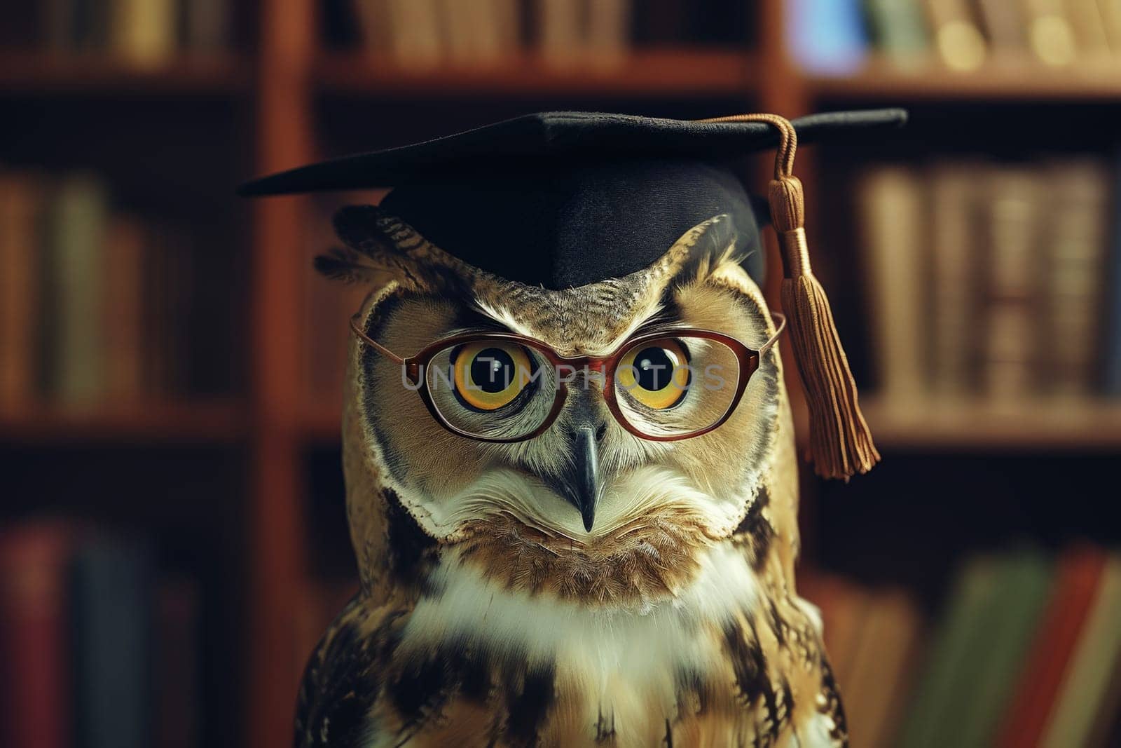 Wise owl wearing graduation cap and glasses against a stack of books on a table in a library among the shelves, Generative AI.