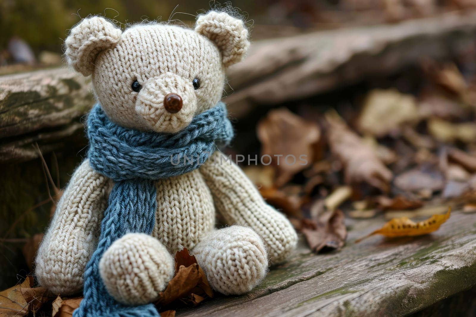 A handmade knitted teddy bear and knitting needles. The concept of manual labor. AI generated. by matamnad