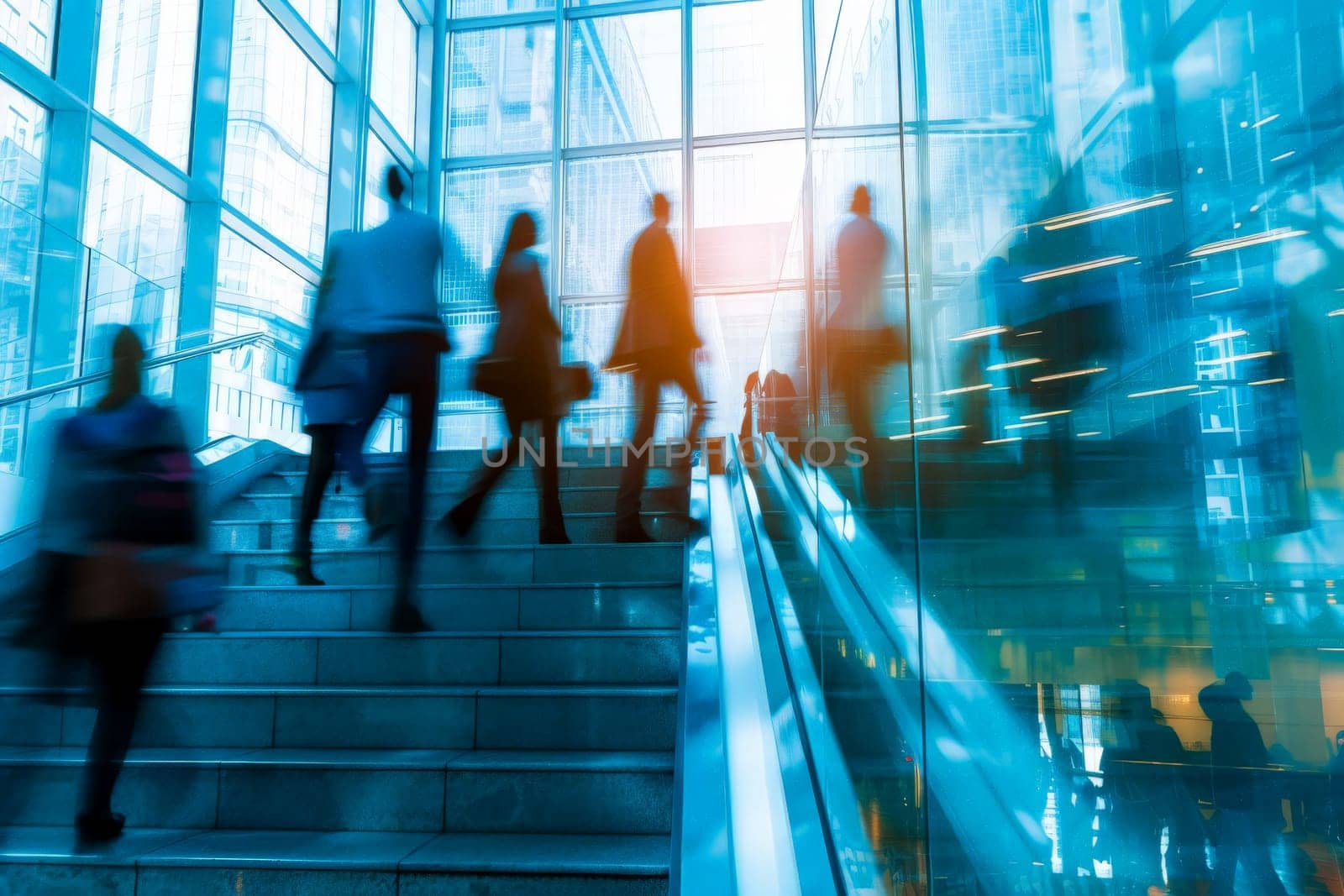 business people walking up and down stair outside office in fast movement, Generative AI..