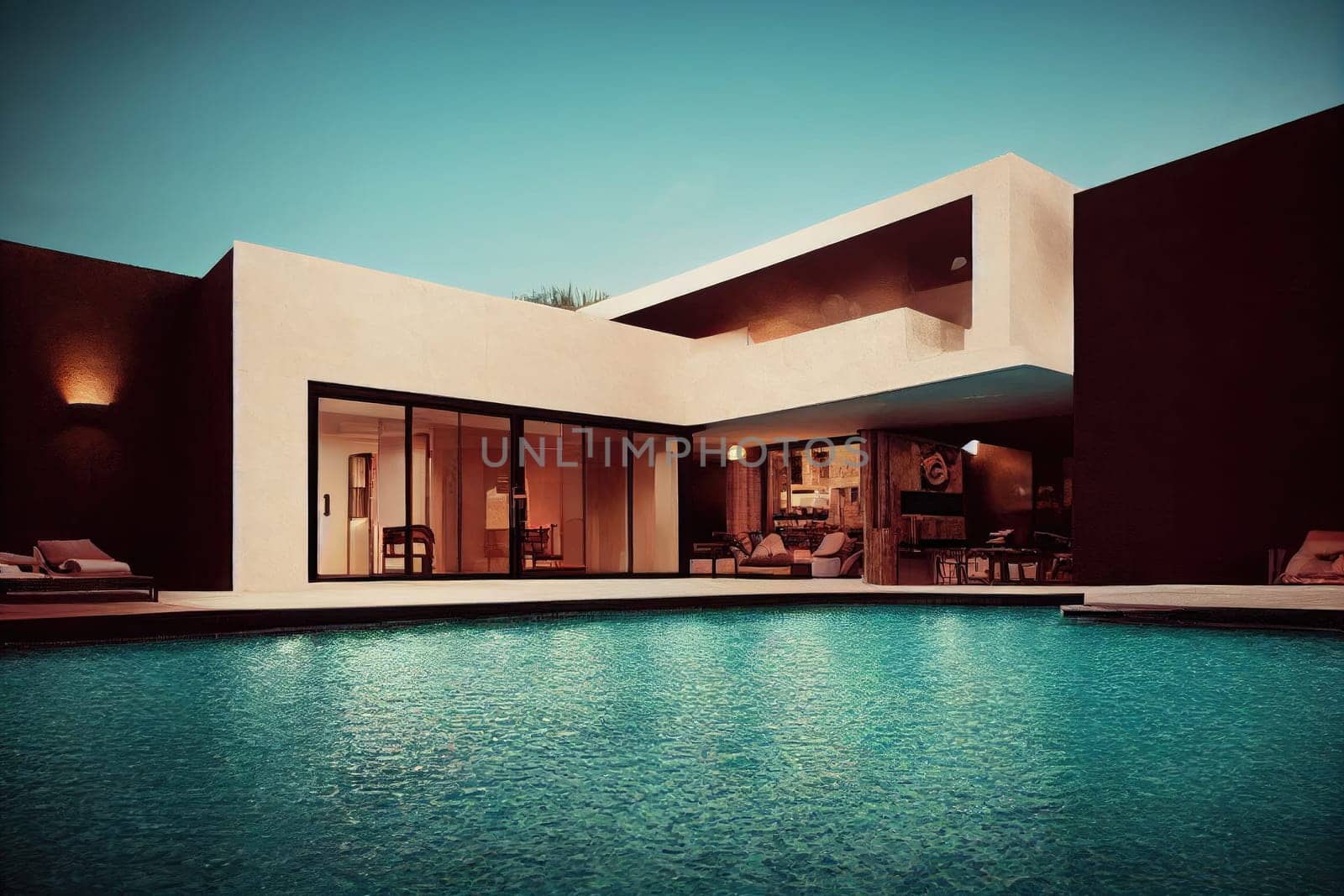 Luxury pool villa spectacular contemporary design digital art real estate , home, house and property, Generative AI illustration.