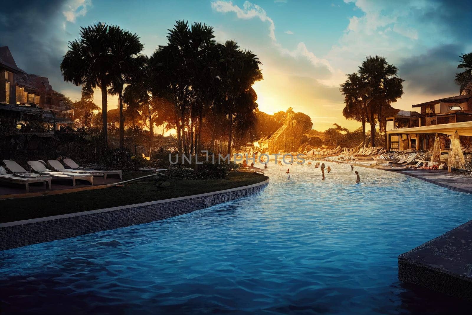 Beautiful tropical beach front hotel resort with swimming pool, paradise destination for vacations. Generative AI illustration. by Benzoix