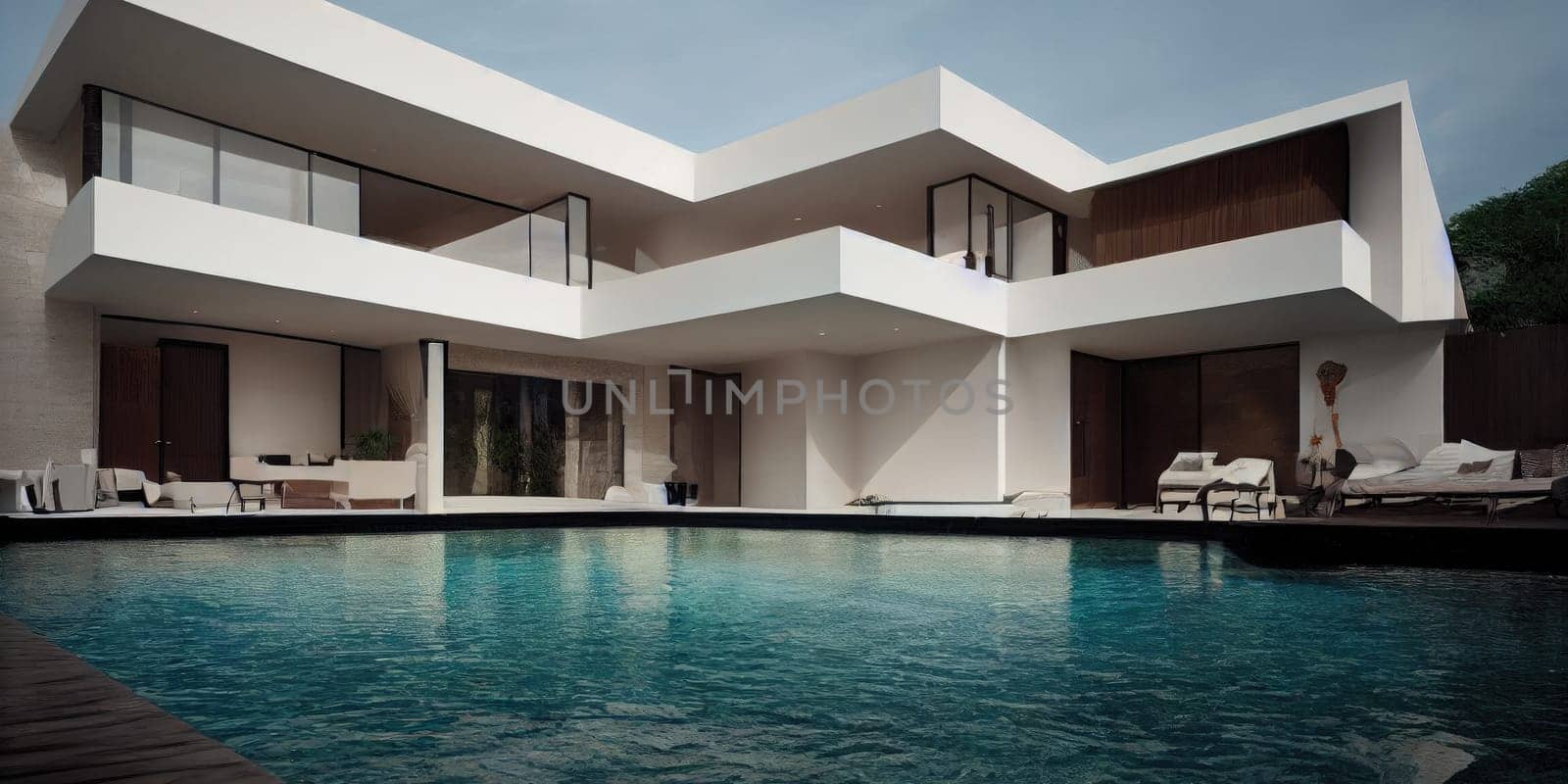 Luxury pool villa spectacular contemporary design digital art real estate , home, house and property, Generative AI illustration. by Benzoix