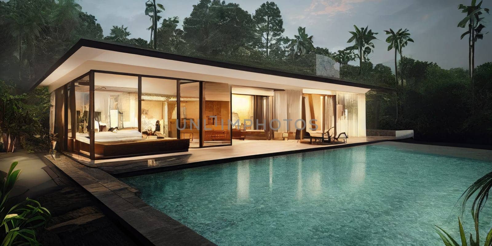 Luxury pool villa spectacular contemporary design digital art real estate , home, house and property, Generative AI illustration.