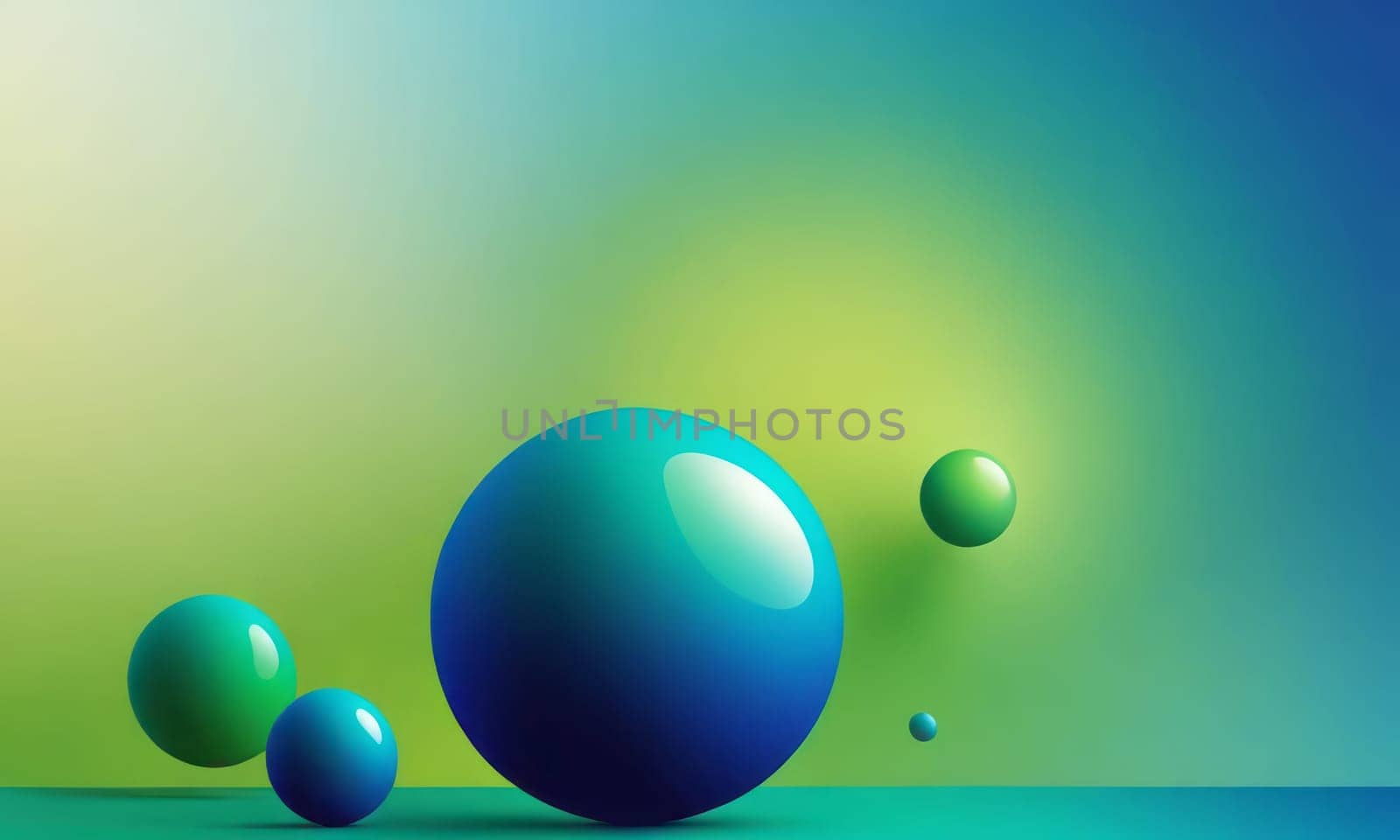 A gradient wallpaper with Spherical shapes using blue and green gradient colors. Generative AI.