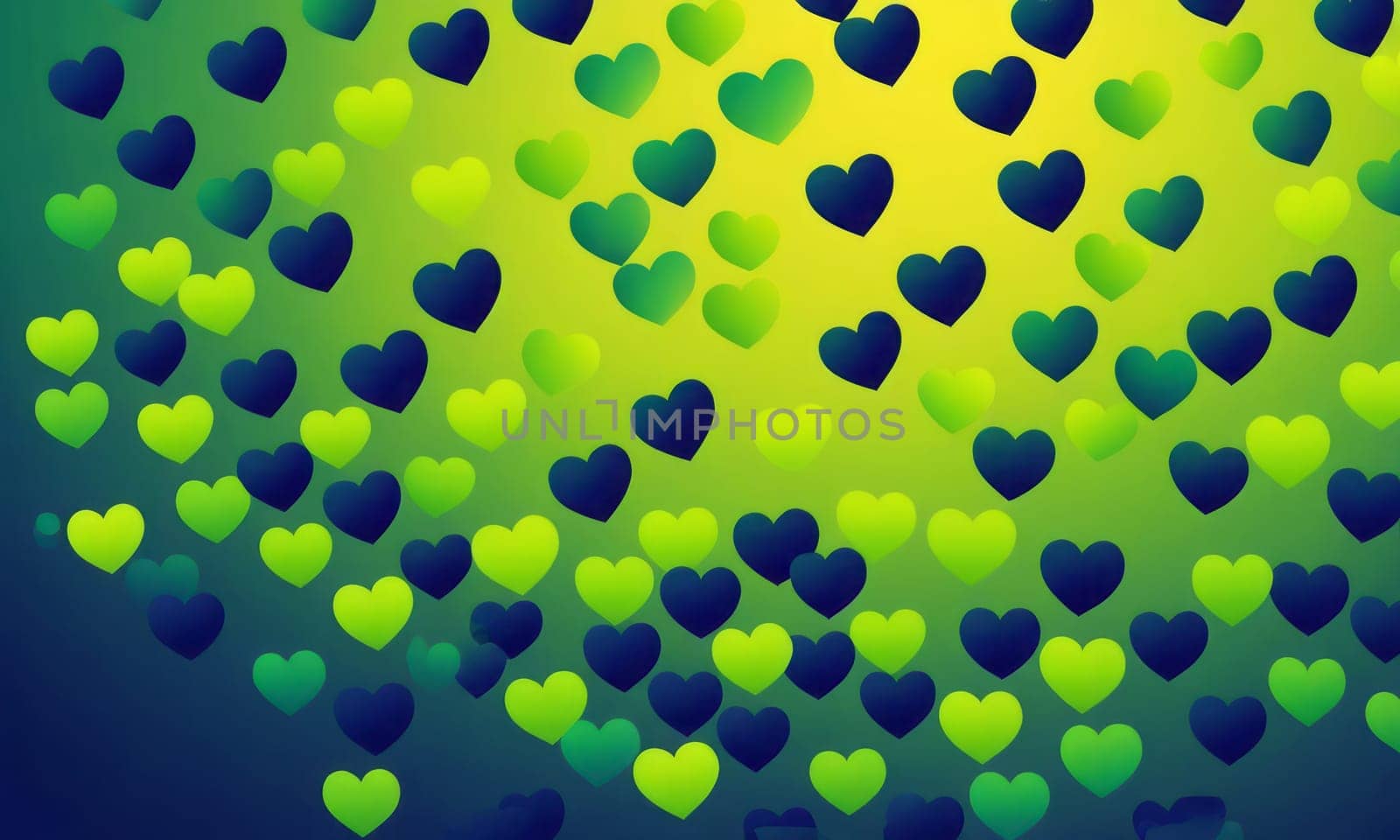 A gradient wallpaper with Heart shapes using lime and navy gradient colors. Generative AI.