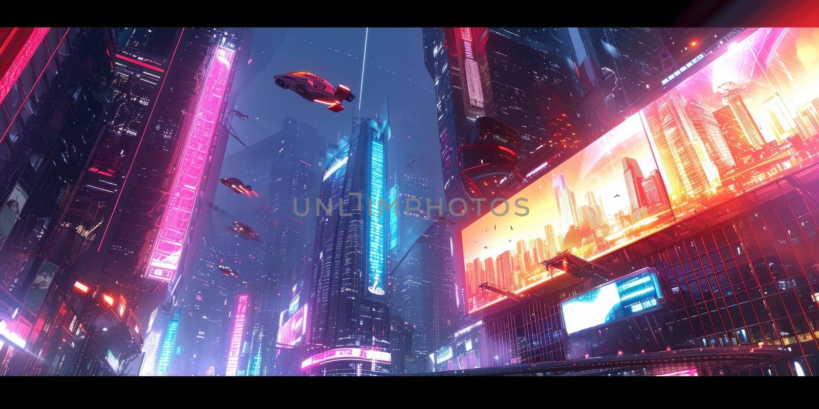 Futuristic city glows with soft hues, complemented by the sleek design of hovering vehicles above the vibrant skyline. Resplendent.