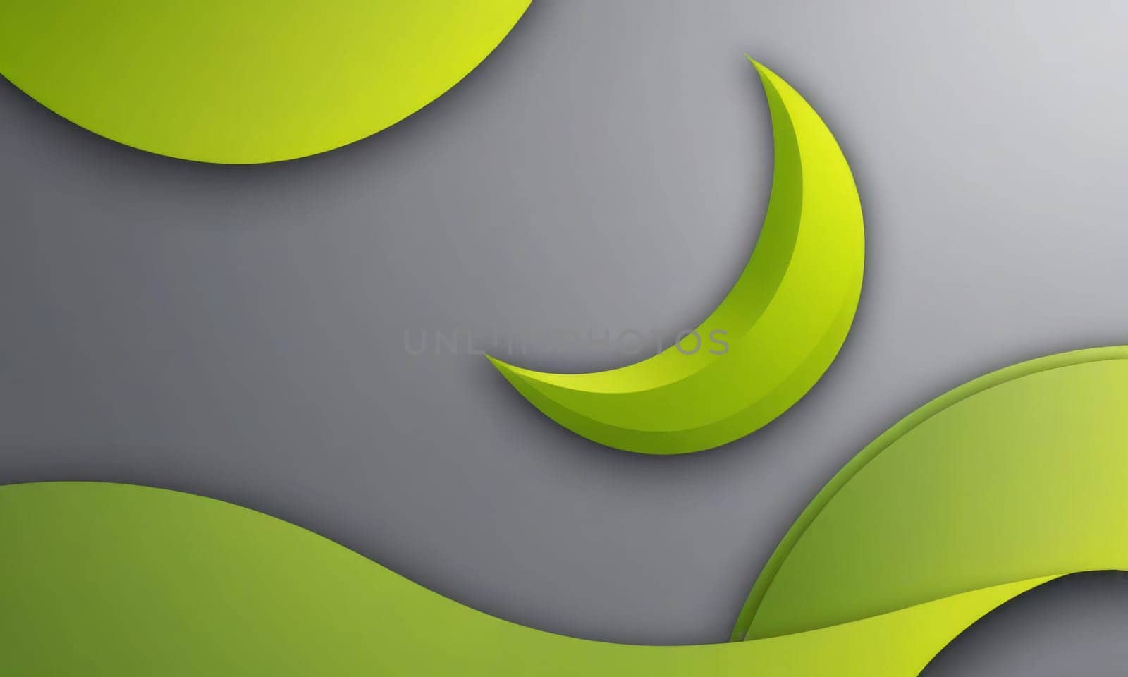 A gradient wallpaper with Crescent shapes using lime and gray gradient colors. Generative AI.