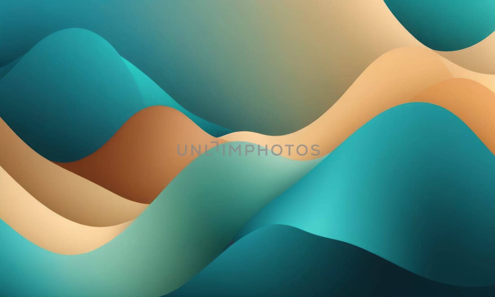 A gradient wallpaper with Waved shapes using teal and tan gradient colors. Generative AI.