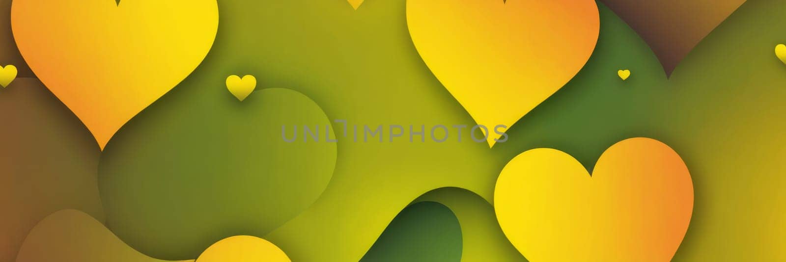 A gradient wallpaper with Heart shapes using yellow and olive drab gradient colors. Generative AI.