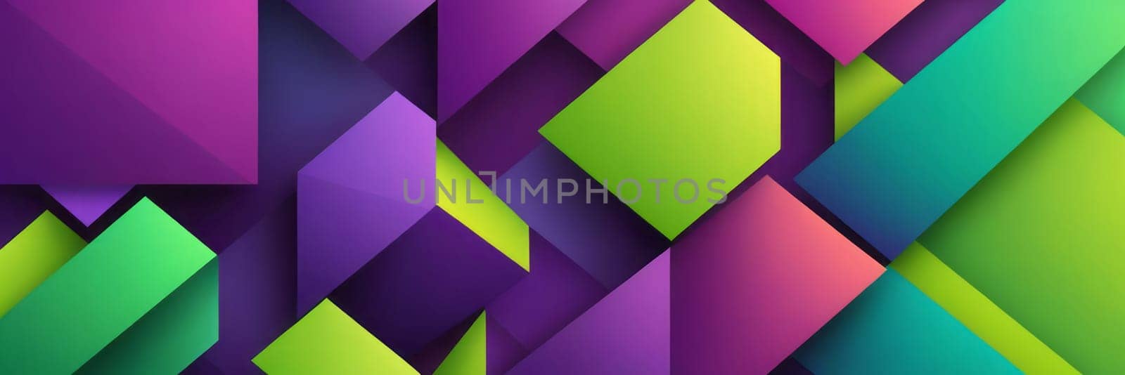 A gradient wallpaper with Cubist shapes using purple and lime green gradient colors. Generative AI.