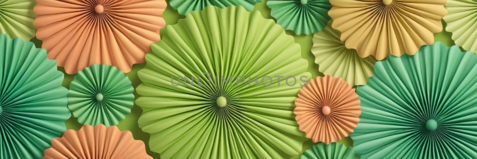 A gradient wallpaper with Rosette shapes using green and bisque gradient colors. Generative AI.