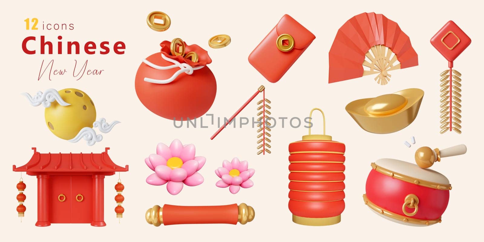 3d Chinese New Year Elements icon set. 3d rendering illustration. Clipping path..