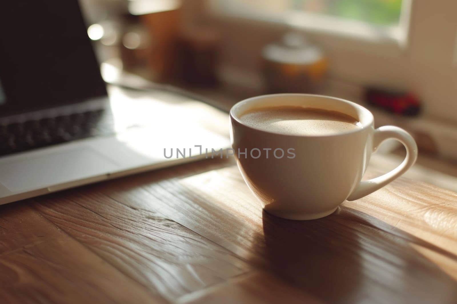 Laptop and coffee hot latte cup. Generative AI.