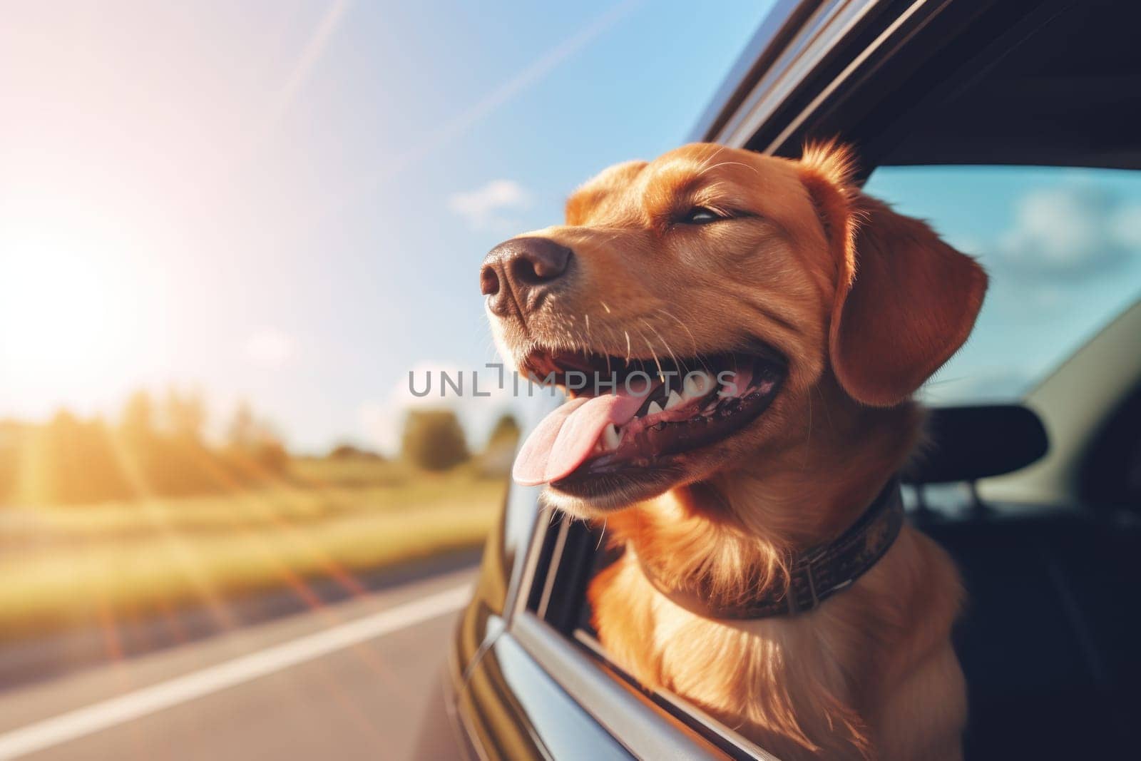 Head of happy lap dog looking out of car window enjoying road trip. Generative AI.