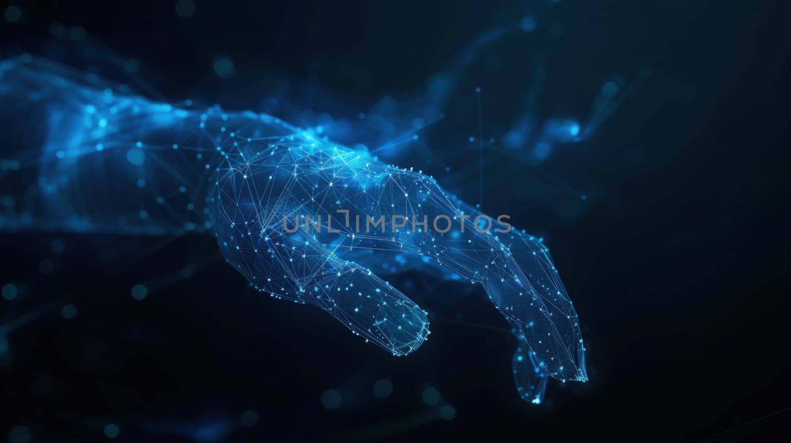 Hologram of a glowing polygonal of interconnected lines humanoid robotic hand. Generative AI.