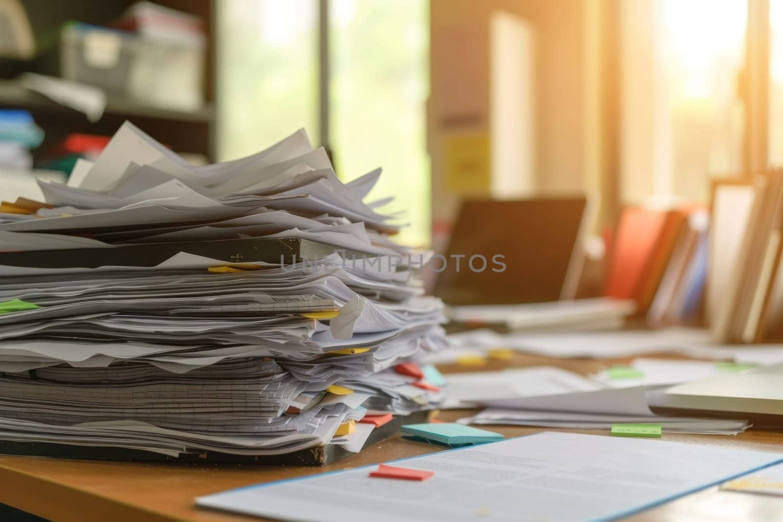 Many Paperwork on office desk. Stressed and Overtime concept. Generative AI.