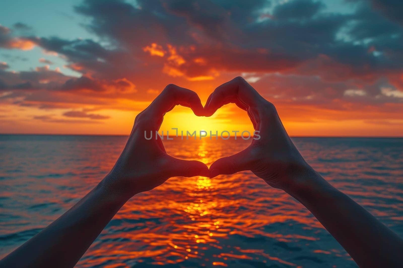 Making heart shape with hand and framing sunset. Generative AI by golfmerrymaker