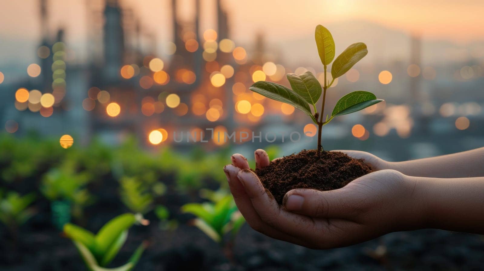 Hands holding small saplings growing, with a city and industries in the background. Generative AI.