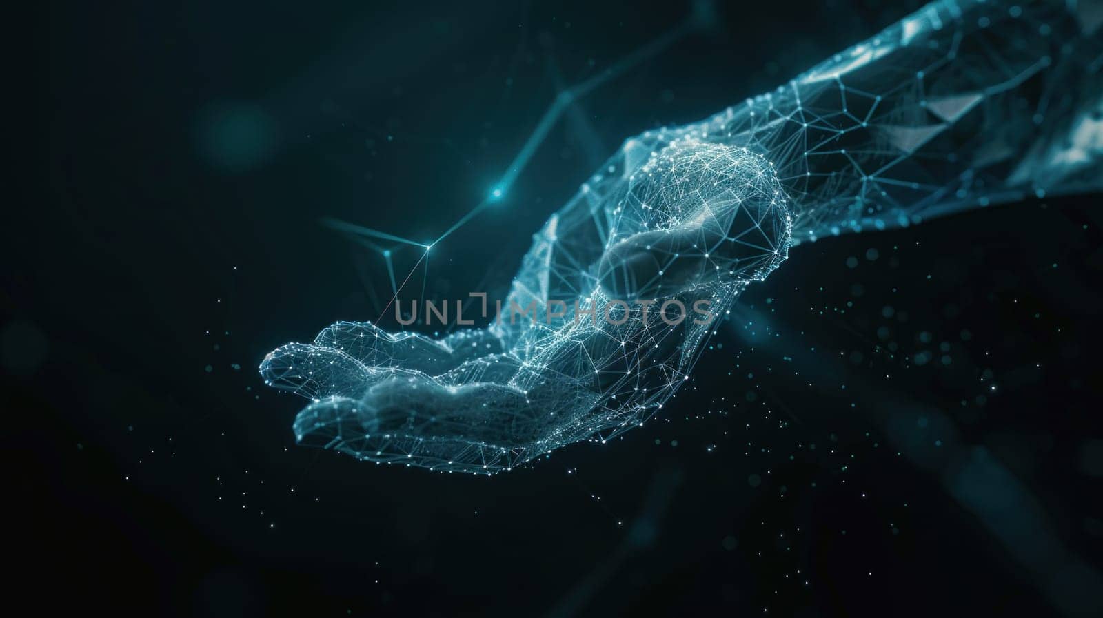 Hologram of a glowing polygonal of interconnected lines humanoid robotic hand. Generative AI.