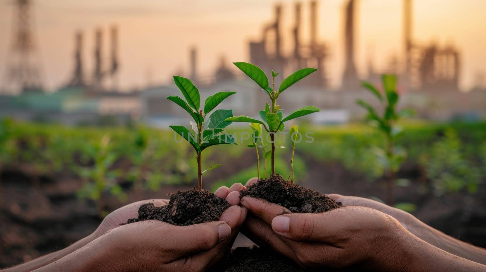 Hands holding small saplings growing, with a city and industries in the background. Generative AI.