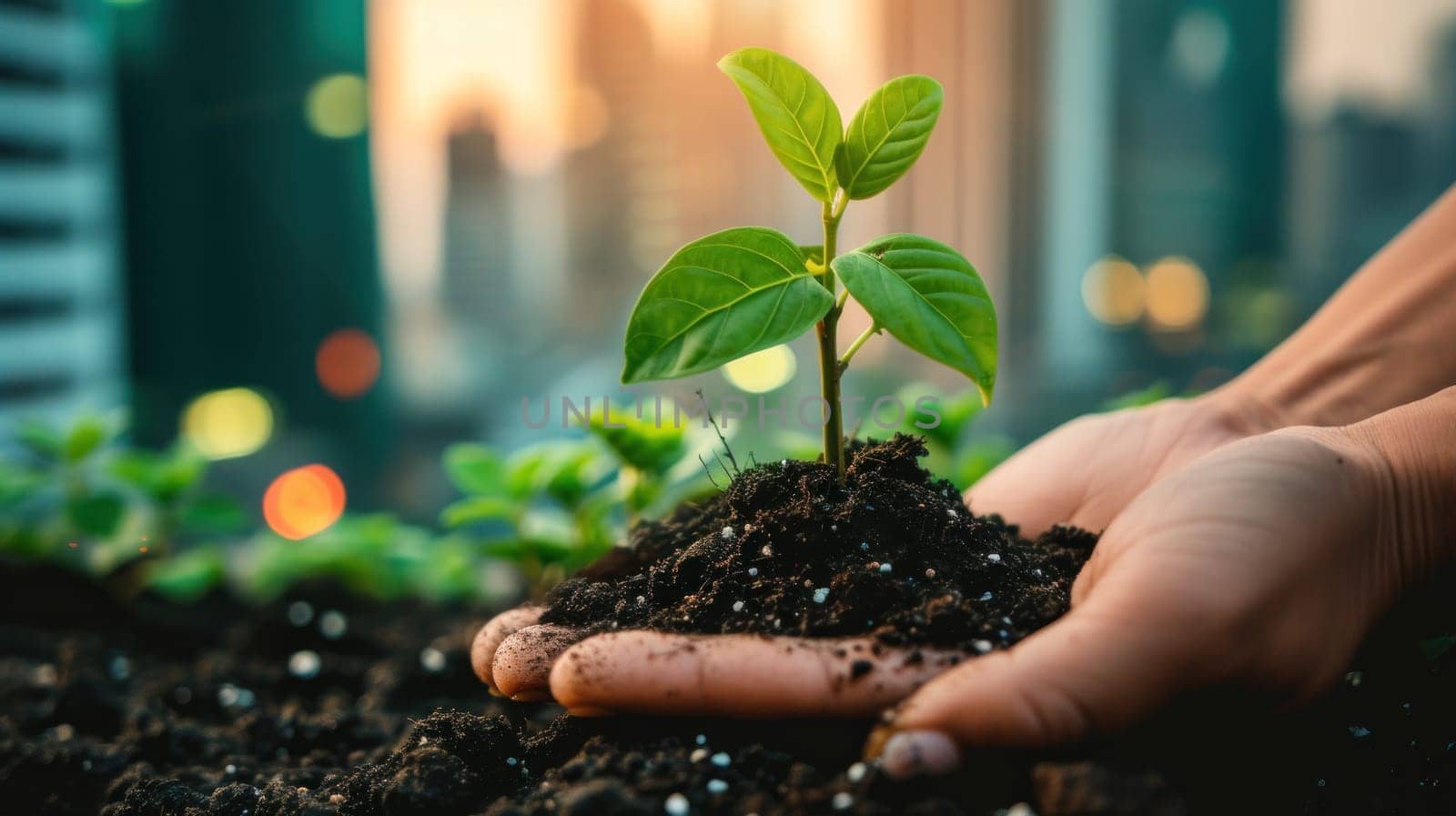 Hands holding small saplings growing, with a city and industries in the background. Generative AI.