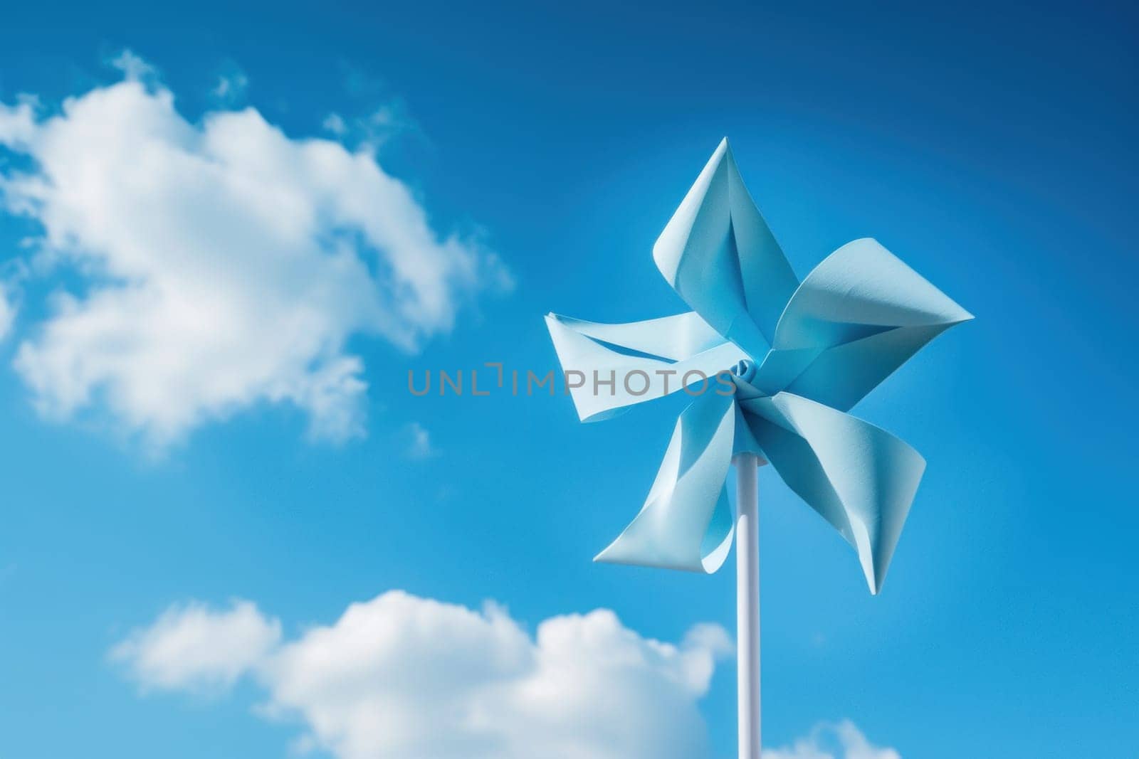 paper windmill on blue sky background. Generative AI.