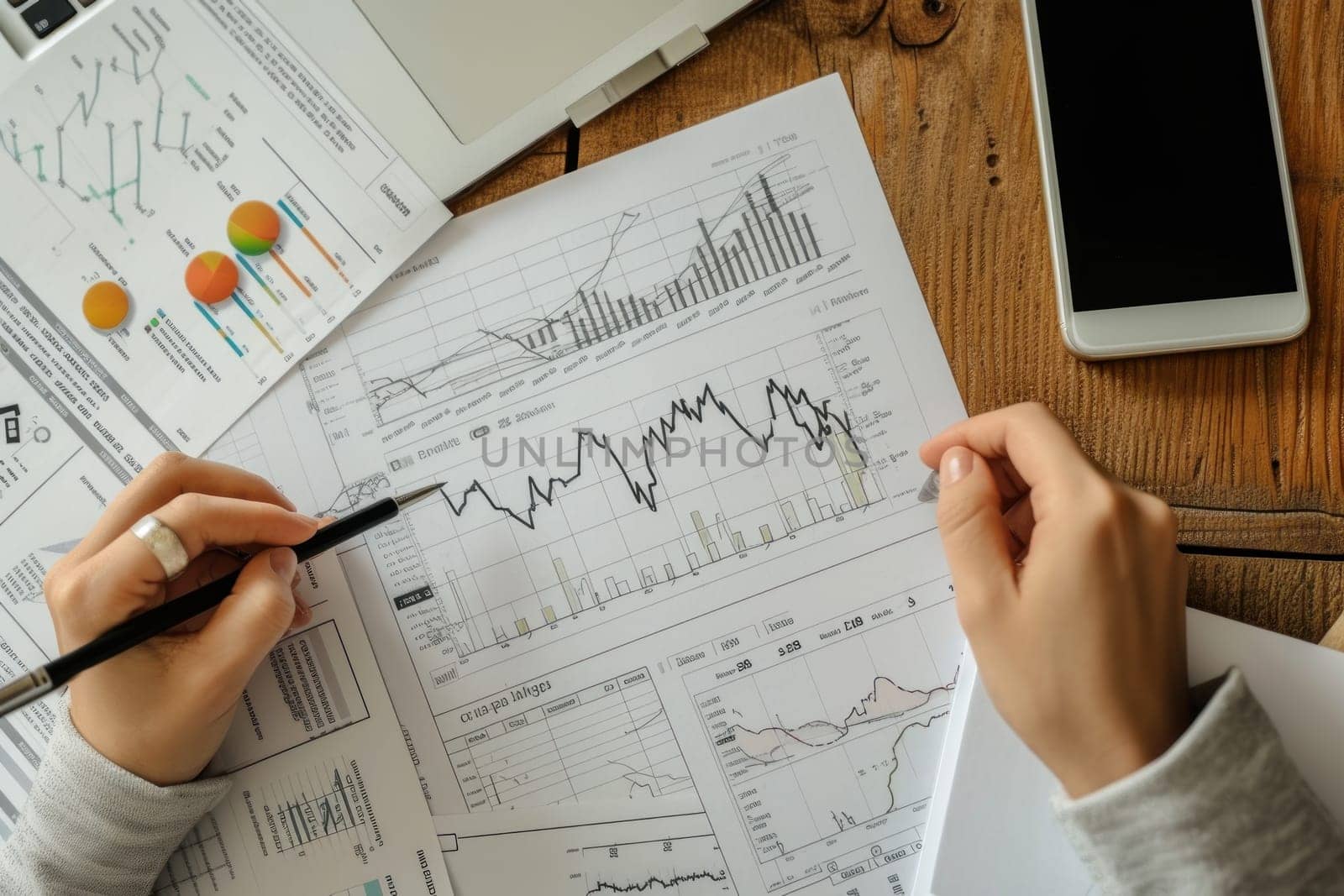 Businessman analyzing investment charts with a pen. Generative AI.