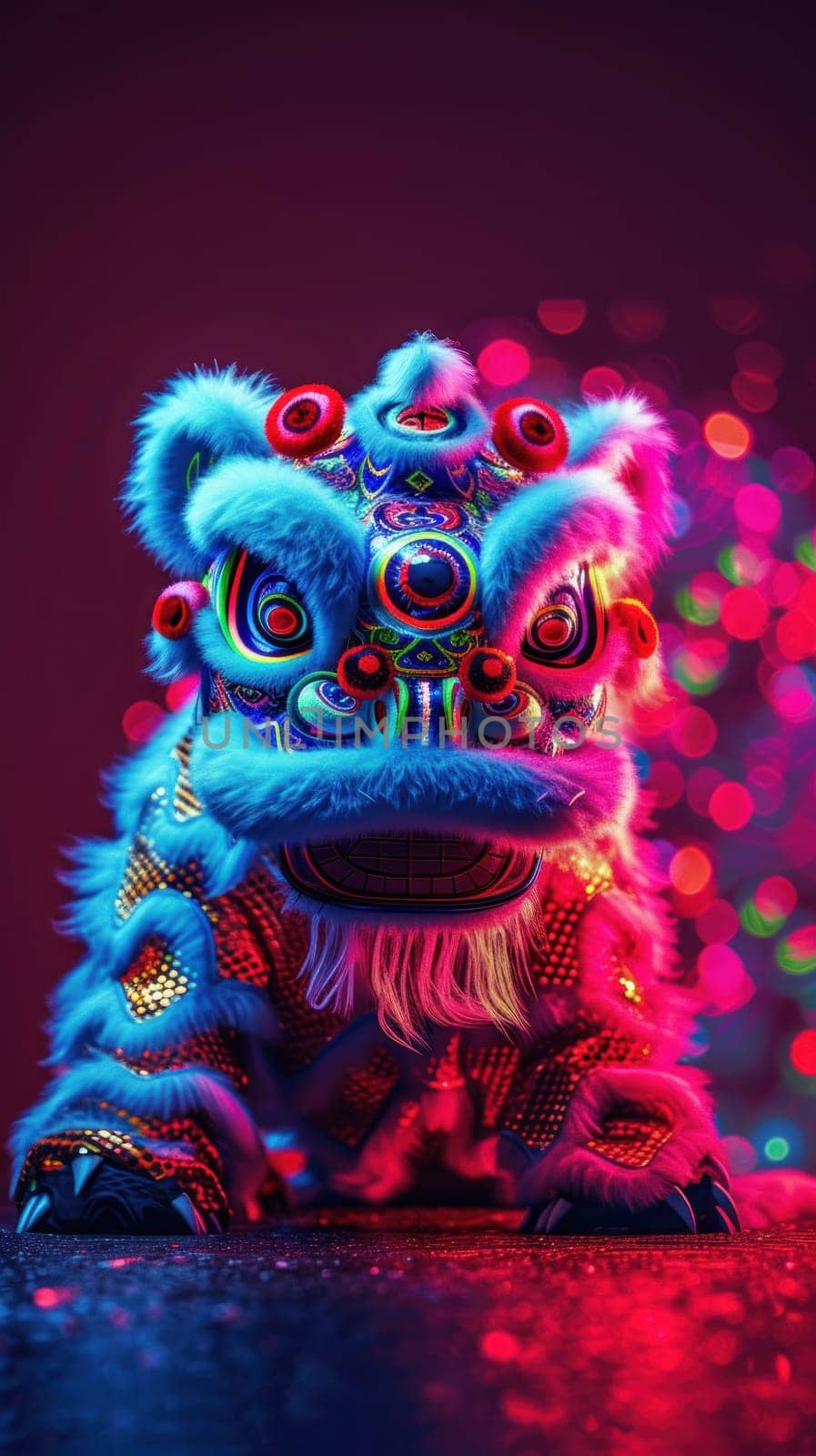 Lion dance costume performing in China, Lunar new year celebration. Generative AI.