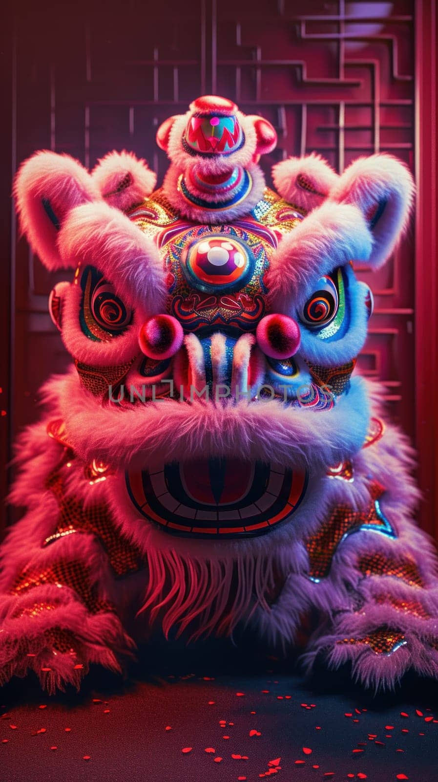 Lion dance costume performing in China, Lunar new year celebration. Generative AI.