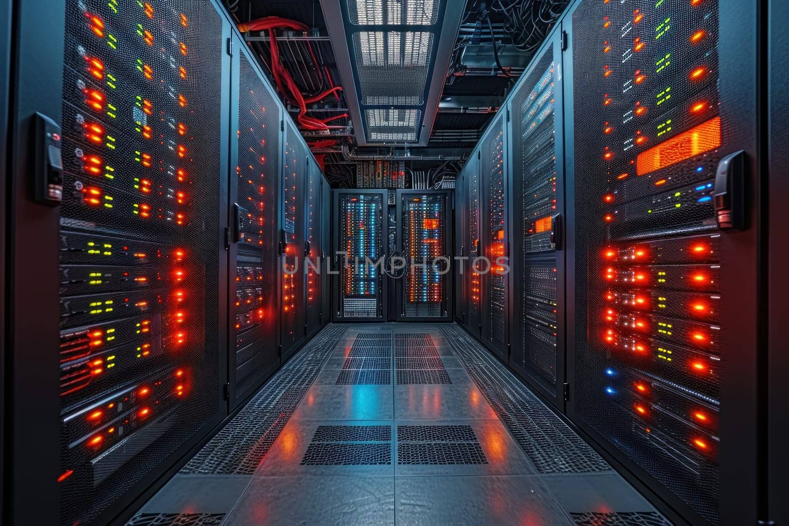 Server racks in server room data center. Generative AI.