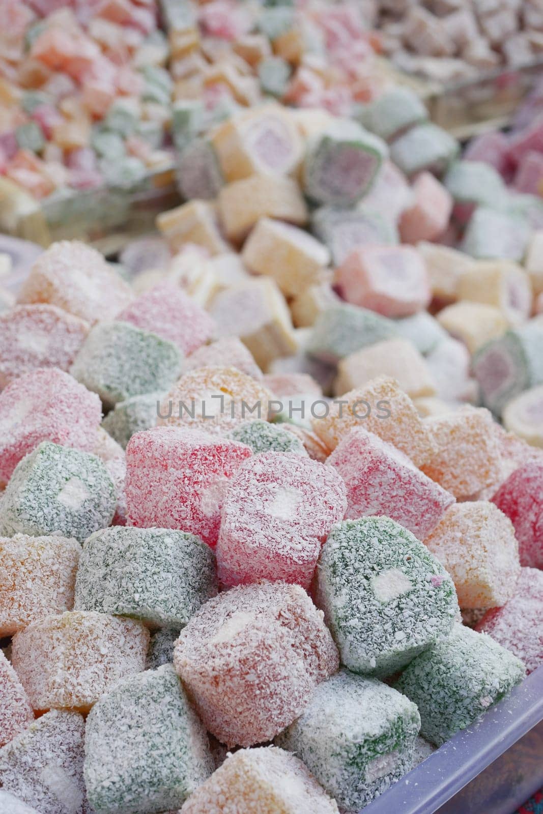turkish delight or lokum of red, green, orange and yellow colors