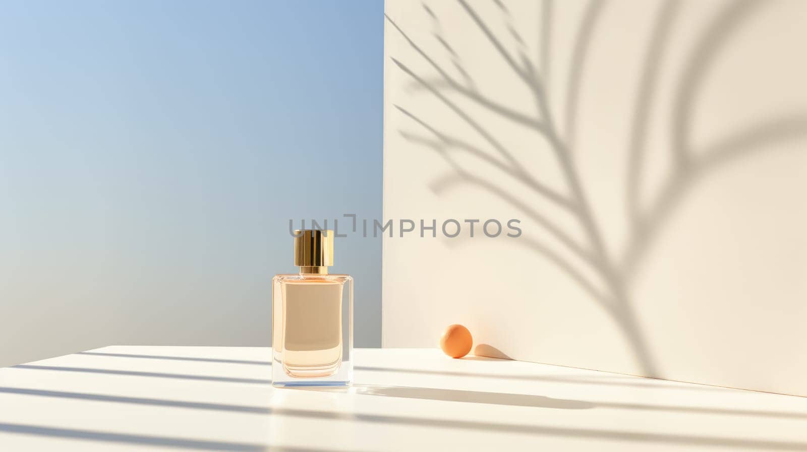 Transparent brown glass perfume bottle mockup on pedestal with minimalist background. Eau de toilette. Mockup, spring flat lay. by JuliaDorian