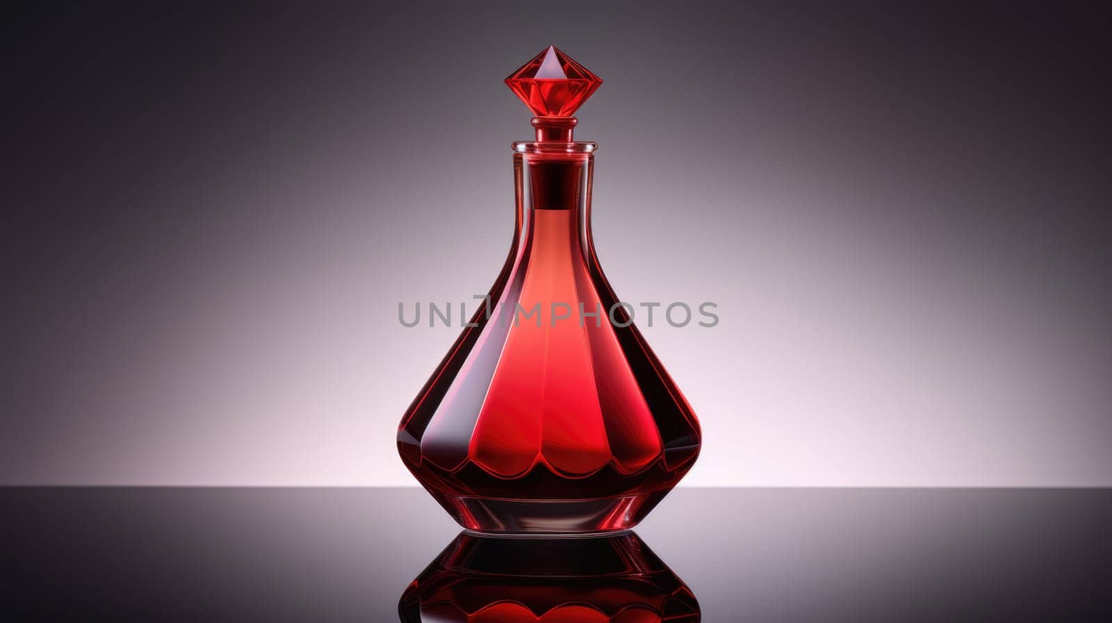 Transparent red and black glass perfume bottle mockup on minimalist dark background. Eau de toilette. Mockup, spring flat lay