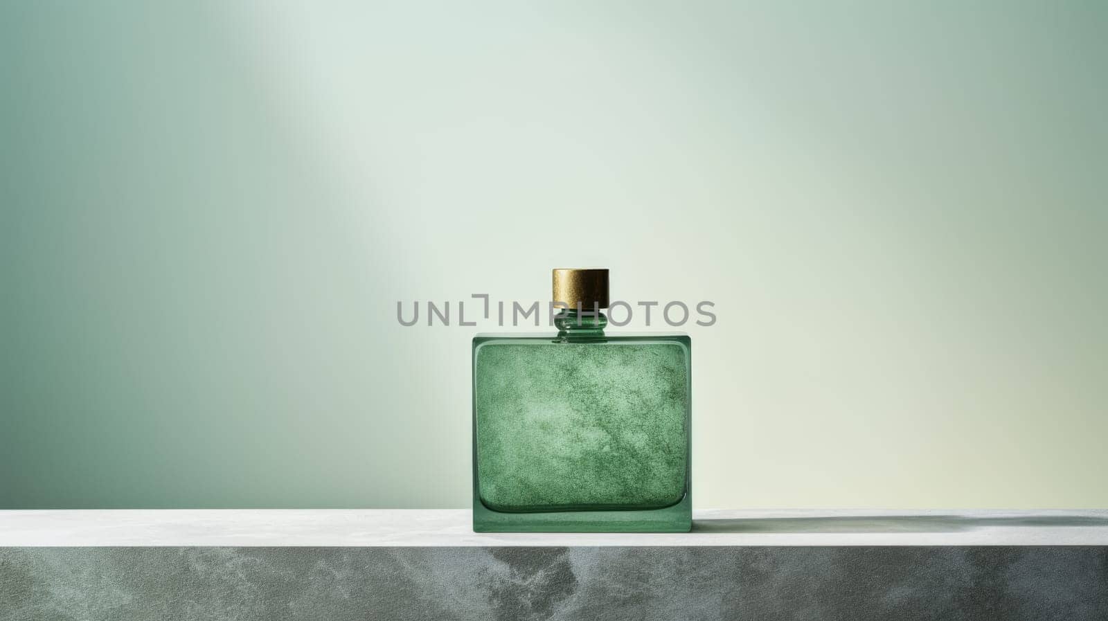 Transparent green glass perfume bottle mockup on pedestal with minimalist background. Eau de toilette. Mockup, spring flat lay. by JuliaDorian