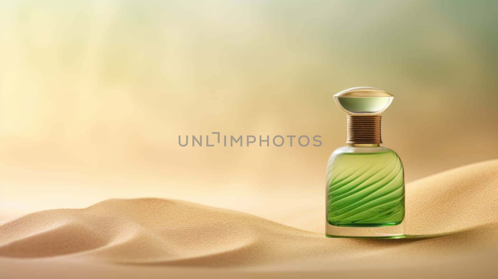 Transparent green glass perfume bottle mockup with sandy background. Eau de toilette. Mockup, spring flat lay. by JuliaDorian