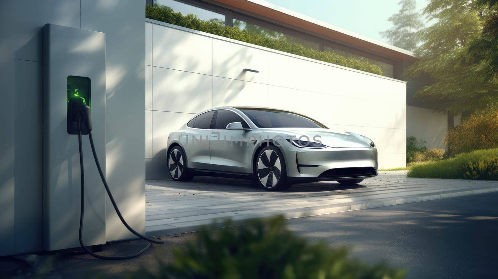 Generic electric vehicle EV hybrid car is being charged from wall charger on contemporary modern residential building house.