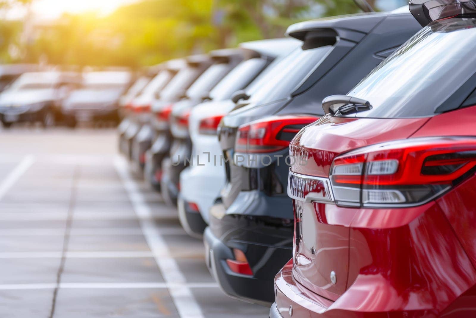 Car parked at outdoor parking lot. Used car for sale and rental service. Car insurance background.
